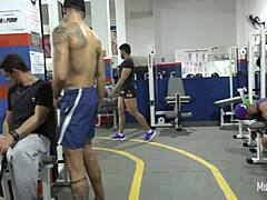 Barebacking gay anal in a gym setting